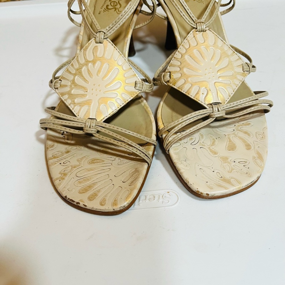 Carlos Santana “Mambo” Cream Strappy Heels with Floral Cutout